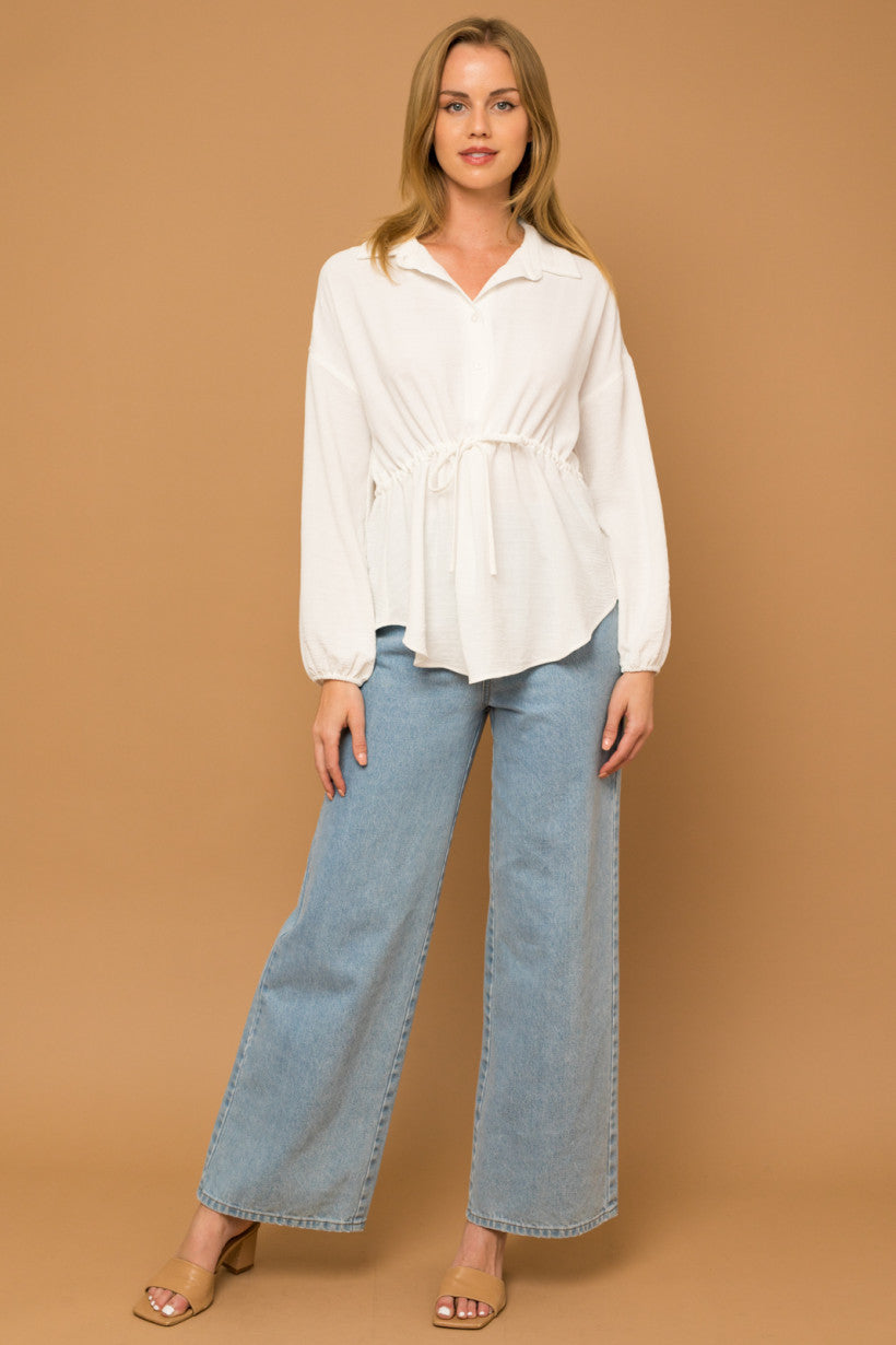 Drawstring Waist Button Down Blouse