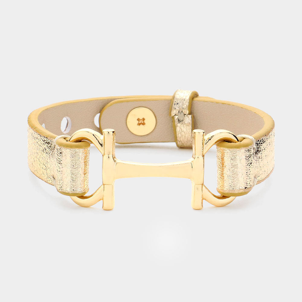 H Buckle Metallic Faux Leather Strap Bracelet, Gold
