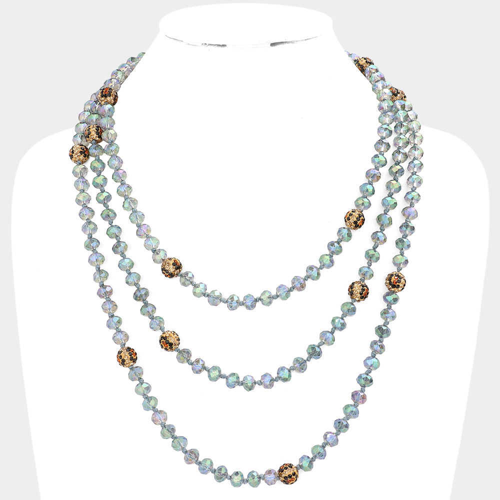 Long Beaded Crystal Leopard Necklace, Blue