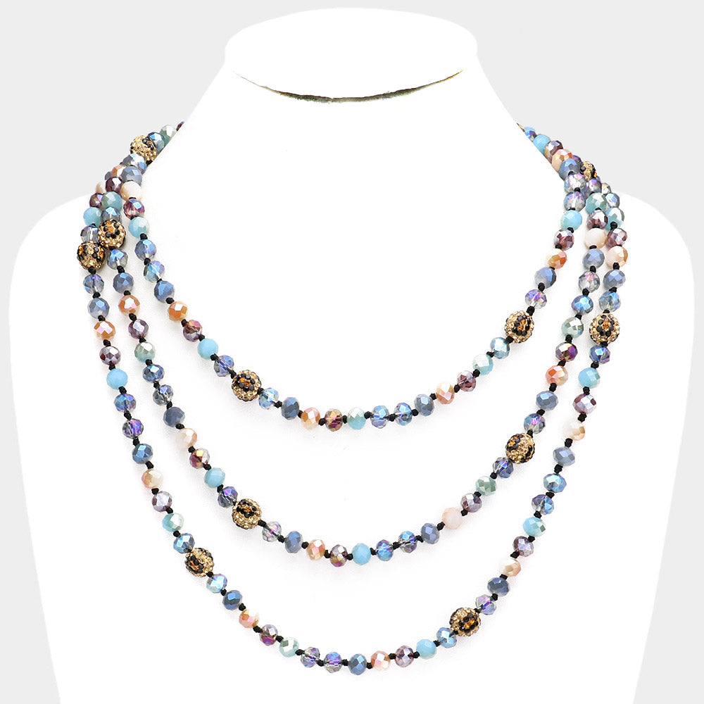 Long Beaded Crystal Leopard Necklace, Blue Multi