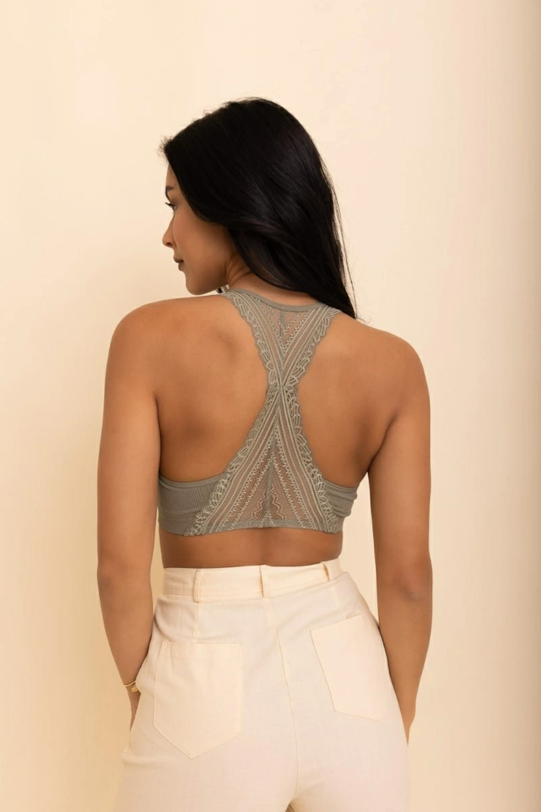 Rib Knit Lace Racerback Bralette, Sage