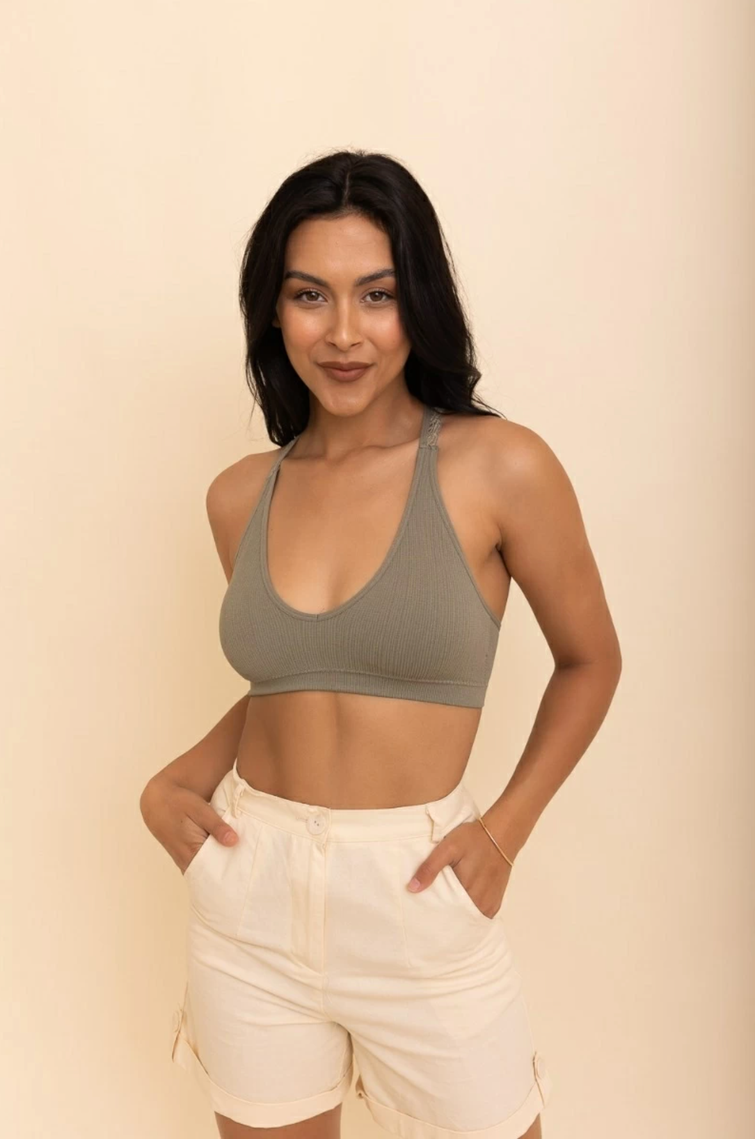 Rib Knit Lace Racerback Bralette, Sage
