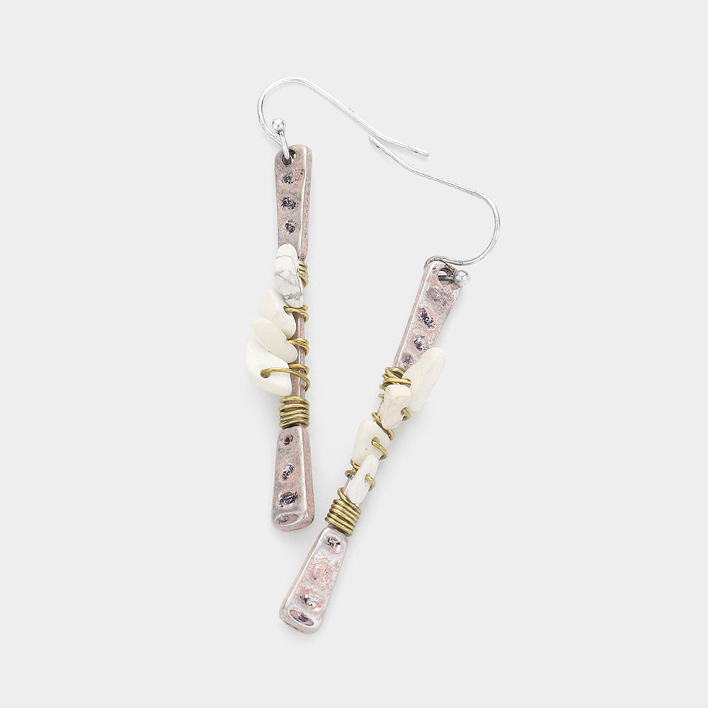 Stone Wire Wrapped Metal Bar Earrings, Silver