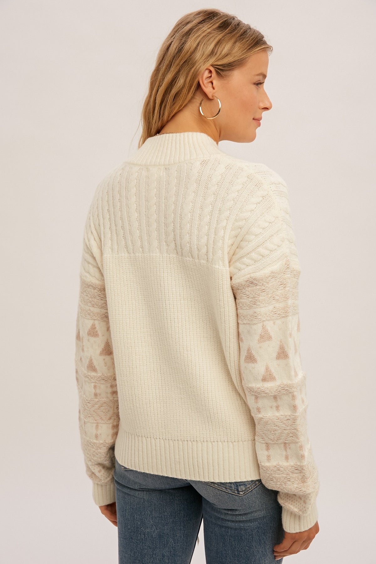 Fair Isle Sleeve Mock Neck Button Down Cardigan